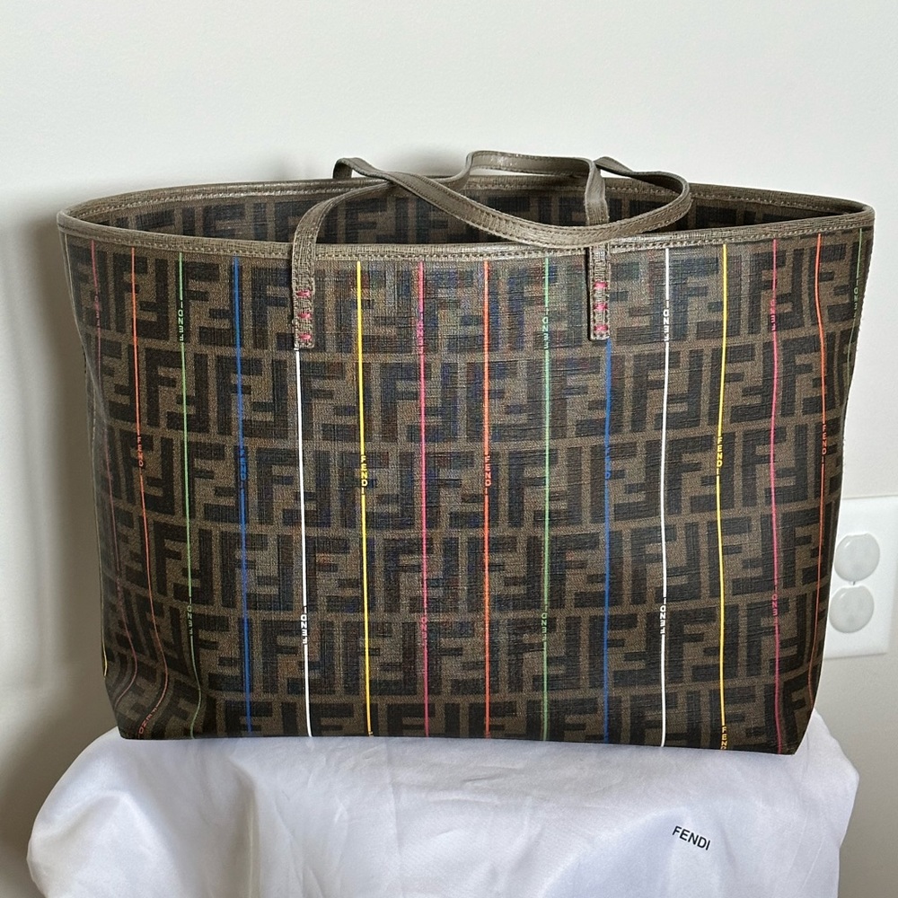 Fendi Brown Canvas FF Logo Tote with Multicolor Stripe Accents